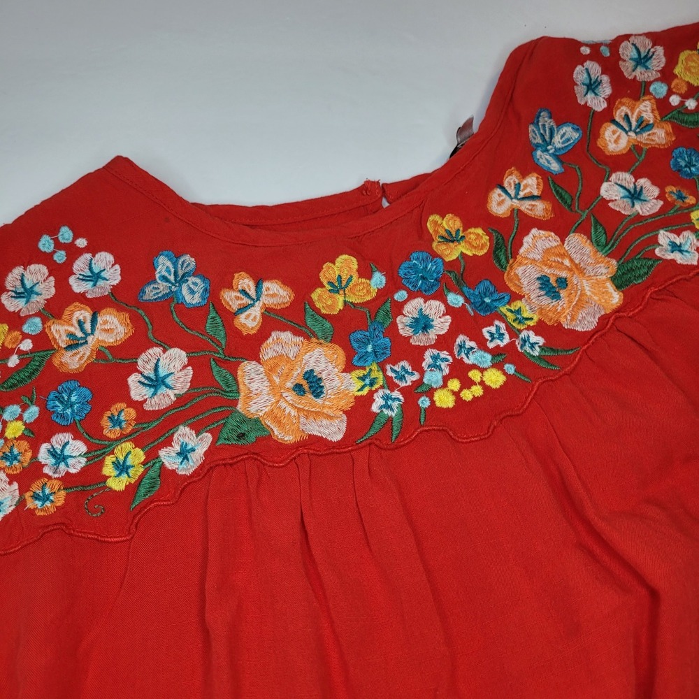 Jodifl Floral‎ Embroidered Blouse Women Medium Red Good Boho Ruffle Cap Sleeve